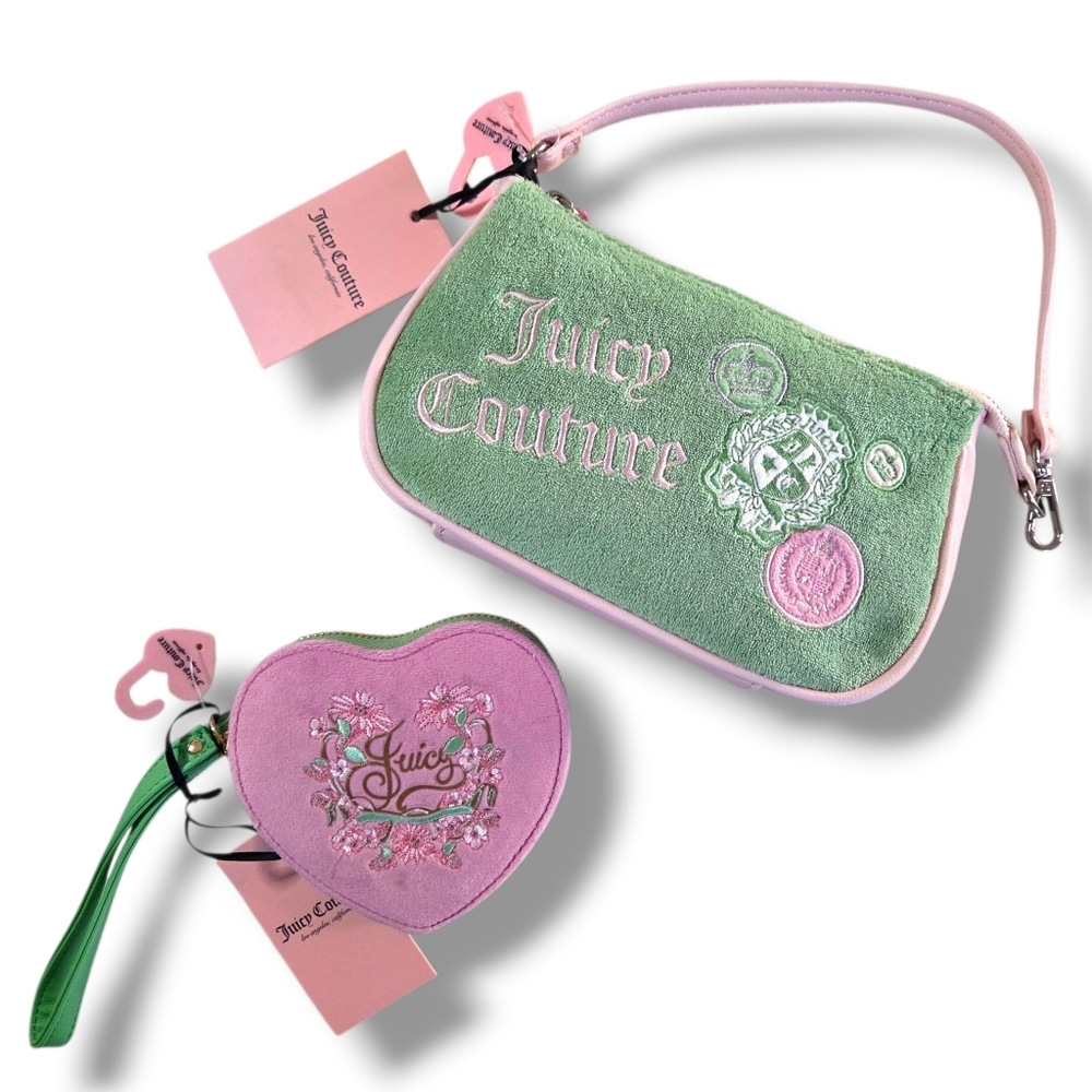 JUICY COUTURE Mini Handbag & Wristlet Terry Green Pink Preppy Vintage Y2K